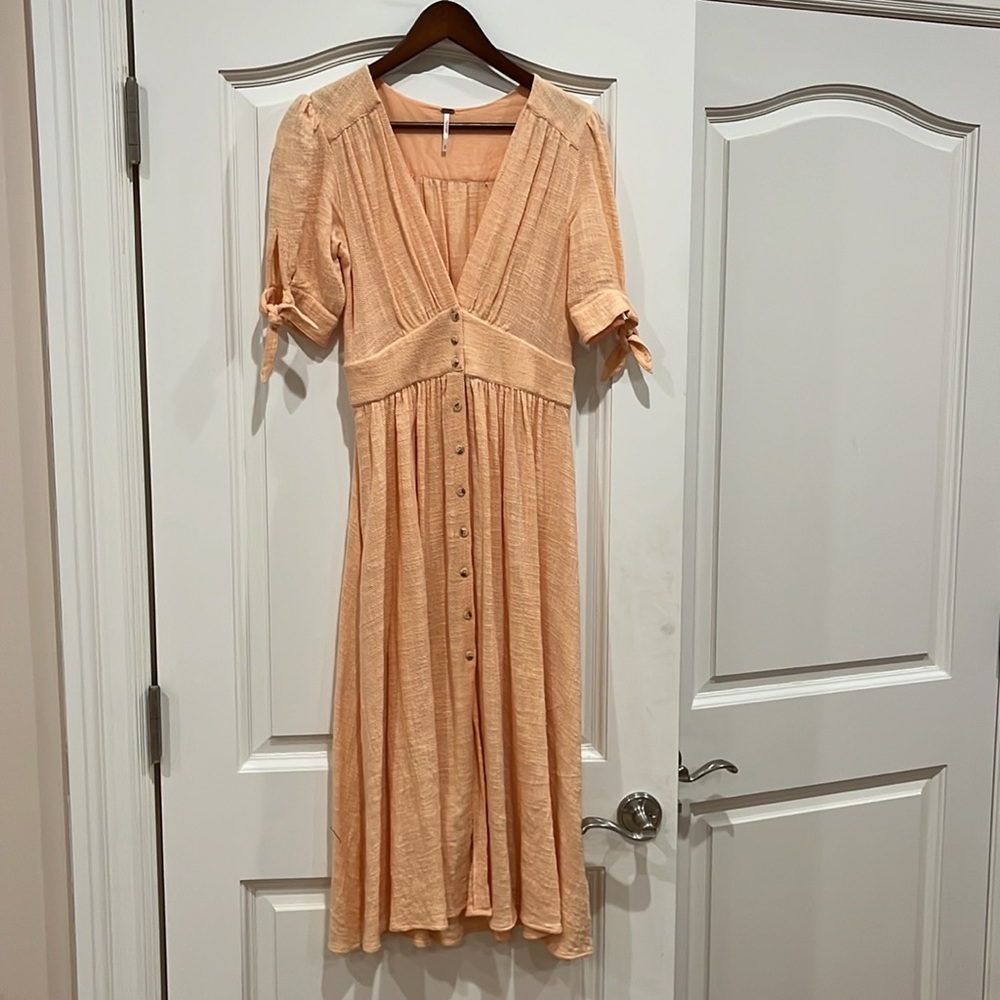 Free People Cotton orange button down vneck Summer Spring Midi Dress SZ small